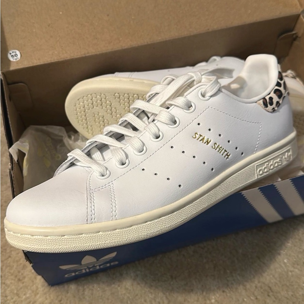 adidas White Stan Smith Sneakers with Leopard Heel Accent new never worn.